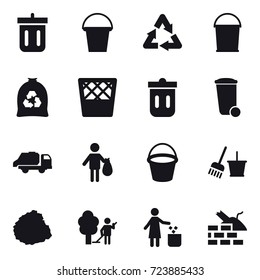16 vector icon set : bin, bucket, bucket, garbage bag, trash bin, 
, bucket, bucket and broom, pile of garbage, garden cleaning, garbage bin, construct garbage