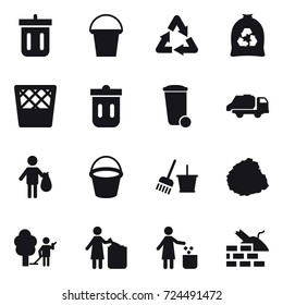 16 vector icon set : bin, bucket, garbage bag, trash bin, trash truck, trash, bucket and broom, pile of garbage, garden cleaning, garbage bin, construct garbage