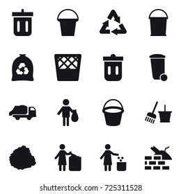 16 vector icon set : bin, bucket, garbage bag, trash bin, trash truck, trash, bucket and broom, pile of garbage, garbage bin, construct garbage