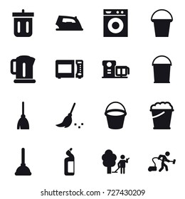 16 vector icon set : bin, iron, washing machine, bucket, kettle, broom, foam bucket, plunger, toilet cleanser, garden cleaning, vacuum cleaner