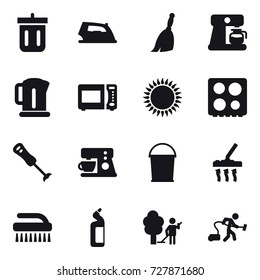 16 vector icon set : bin, iron, broom, coffee maker, kettle, bucket, vacuum cleaner, brush, toilet cleanser, garden cleaning