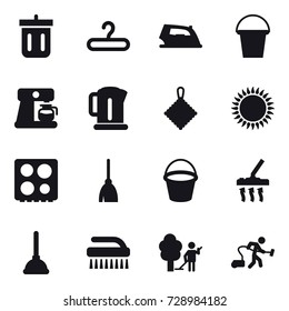 16 vector icon set : bin, hanger, iron, bucket, coffee maker, kettle, rag, broom, vacuum cleaner, plunger, brush, garden cleaning