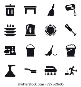 16 vector icon set : bin, table, broom, mixer, plate washing, kettle, bucket, foam bucket, plunger, brush, vacuum cleaner