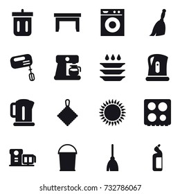 16 vector icon set : bin, table, washing machine, broom, mixer, coffee maker, plate washing, kettle, rag, bucket, toilet cleanser