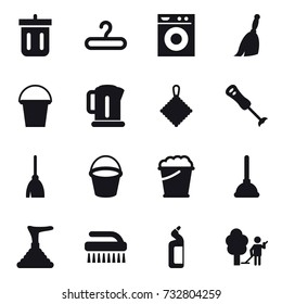 16 vector icon set : bin, hanger, washing machine, broom, bucket, kettle, rag, foam bucket, plunger, brush, toilet cleanser, garden cleaning