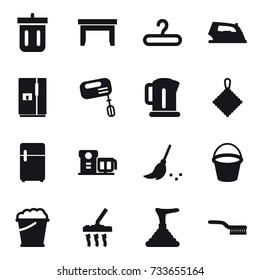 16 vector icon set : bin, table, hanger, iron, fridge, mixer, kettle, rag, broom, bucket, foam bucket, vacuum cleaner, plunger, brush