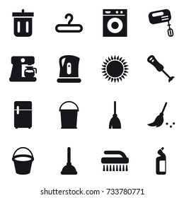 16 vector icon set : bin, hanger, washing machine, mixer, coffee maker, kettle, bucket, broom, plunger, brush, toilet cleanser