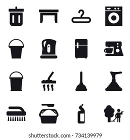 16 vector icon set : bin, table, hanger, washing machine, bucket, kettle, vacuum cleaner, plunger, brush, washing powder, toilet cleanser, garden cleaning