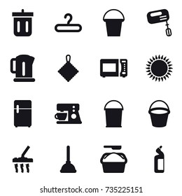 16 vector icon set : bin, hanger, bucket, mixer, kettle, rag, vacuum cleaner, plunger, washing powder, toilet cleanser