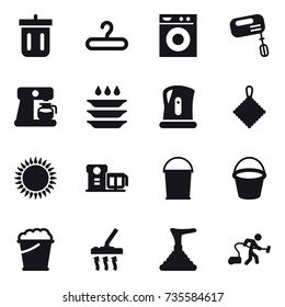 16 vector icon set : bin, hanger, washing machine, mixer, coffee maker, plate washing, kettle, rag, bucket, foam bucket, vacuum cleaner, plunger