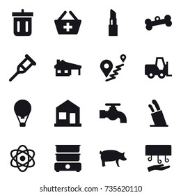 16 vector icon set : bin, add to basket, lipstick, bone, house with garage, air ballon, home, water tap, stands for knives, pig, hand dryer