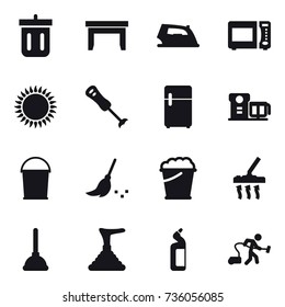16 vector icon set : bin, table, iron, bucket, broom, foam bucket, vacuum cleaner, plunger, toilet cleanser