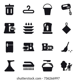 16 vector icon set : bin, hanger, bucket, mixer, coffee maker, plate washing, kettle, rag, broom, plunger, brush, washing powder, garden cleaning