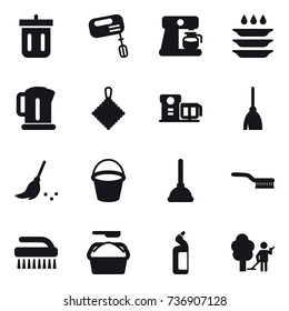 16 vector icon set : bin, mixer, coffee maker, plate washing, kettle, rag, broom, bucket, plunger, brush, washing powder, toilet cleanser, garden cleaning