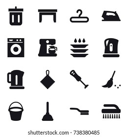 16 vector icon set : bin, table, hanger, iron, washing machine, coffee maker, plate washing, kettle, rag, broom, bucket, plunger, brush