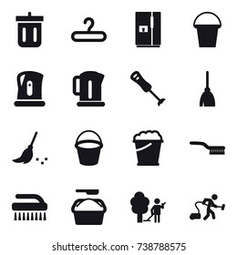 16 vector icon set : bin, hanger, fridge, bucket, kettle, broom, foam bucket, brush, washing powder, garden cleaning, vacuum cleaner