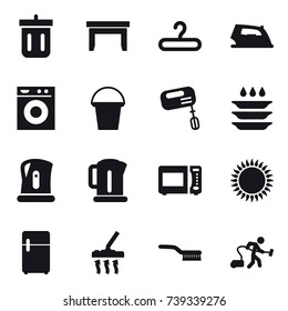 16 vector icon set : bin, table, hanger, iron, washing machine, bucket, mixer, plate washing, kettle, vacuum cleaner, brush
