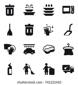 16 vector icon set : bin, fountain, plate washing, broom, trash bin, wiping, scoop, car wash, sponge with foam, hanger, toilet cleanser, brooming, garbage bin, home call cleaning