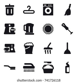 16 vector icon set : bin, hanger, washing machine, broom, coffee maker, kettle, foam bucket, vacuum cleaner, plunger, brush, washing powder, toilet cleanser