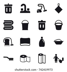 16 vector icon set : bin, water tap, vacuum cleaner, rag, towel, bucket, trash bin, sponge, cleanser, foam basin, brush, toilet paper, paper towel, toilet cleaning