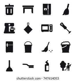 16 vector icon set : bin, table, fridge, broom, coffee maker, rag, bucket, foam bucket, plunger, brush, toilet cleanser, garden cleaning