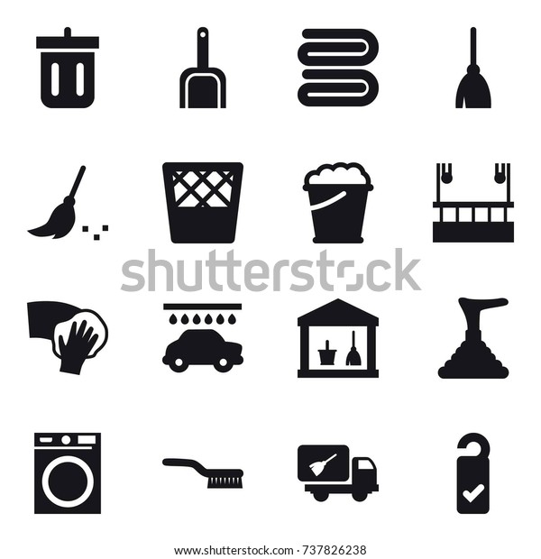 16 vector icon set : bin, scoop, towel, broom,\
trash bin, foam bucket, skyscapers cleaning, wiping, car wash,\
utility room, plunger, washing machine, brush, home call cleaning,\
please clean