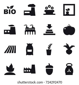 16 vector icon set : bio, factory, flower bed, flower in window, field, flour, seedling, beet, sprouting, acorn, fertilizer