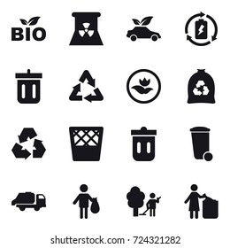 16 vector icon set : bio, nuclear power, eco car, battery charge, bin, ecology, garbage bag, recycling, trash bin, trash truck, trash, garden cleaning, garbage bin