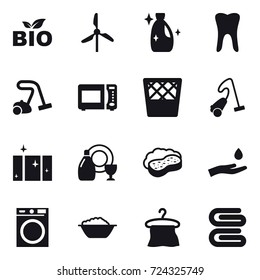 16 vector icon set : bio, windmill, cleanser, vacuum cleaner, trash bin, clean  window, dish cleanser, sponge with foam, hand and drop, washing machine, foam basin, hanger, stack of towels