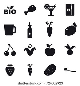 16 vector icon set : bio, chicken leg, cocktail, fridge, cup, cherry, corn, apple, beet, strawberry, carrot, potato, tooth brush