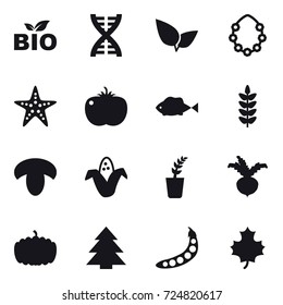 16 vector icon set : bio, dna, hawaiian wreath, starfish, mushroom, corn, seedling, beet, pumpkin, spruce, peas, maple leaf