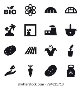 16 vector icon set : bio, atom, hangare, greenhouse, island, flower in window, field, corn, seedling, hand leaf, carrot, potato, fertilizer