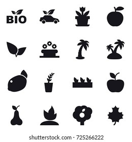 16 vector icon set : bio, eco car, flower, flower bed, palm, island, seedling, apple, pear, sprouting, garden, maple leaf