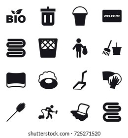 16 vector icon set : bio, bin, bucket, welcome mat, towel, trash bin, trash, bucket and broom, sponge, soap, scoop, wiping, duster, vacuum cleaner, floor washing, stack of towels