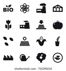 16 vector icon set : bio, atom, factory, greenhouse, seeds, field, corn, seedling, watering can, garden, ecology