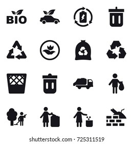 16 vector icon set : bio, eco car, battery charge, bin, ecology, garbage bag, recycling, trash bin, trash truck, trash, garden cleaning, garbage bin, construct garbage