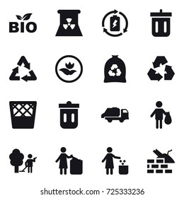 16 vector icon set : bio, nuclear power, battery charge, bin, ecology, garbage bag, recycling, trash bin, trash truck, trash, garden cleaning, garbage bin, construct garbage