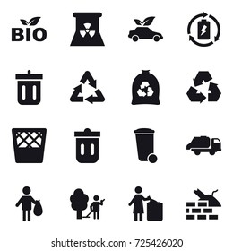 16 vector icon set : bio, nuclear power, eco car, battery charge, bin, garbage bag, recycling, trash bin, trash truck, trash, garden cleaning, garbage bin, construct garbage