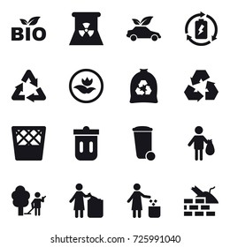 16 vector icon set : bio, nuclear power, eco car, battery charge, ecology, garbage bag, recycling, trash bin, trash, garden cleaning, garbage bin, construct garbage