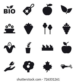 16 vector icon set : bio, flower bed, berry, trees, grape, corn, seedling, apple, hand leaf, garden, maple leaf, blower