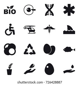 16 vector icon set : bio, cell corection, dna, shark flipper, seedling, hand leaf, egg, hand and drop