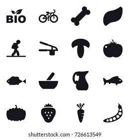 16 vector icon set : bio, bike, tourist, garlic clasp, mortar, jug, fish, pumpkin, strawberry, carrot, peas