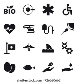 16 vector icon set : bio, cell corection, shark flipper, hand leaf, hand and drop