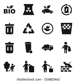 16 vector icon set : bio, nuclear power, eco car, battery charge, bin, ecology, trash bin, trash truck, trash, garden cleaning, garbage bin, construct garbage