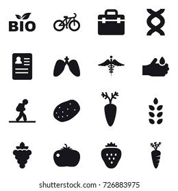 16 vector icon set : bio, bike, tourist, spikelets, grape, tomato, strawberry, carrot