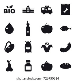 16 vector icon set : bio, drop, flour, corn, eggplant, pear, pills bottle, tomato, bread