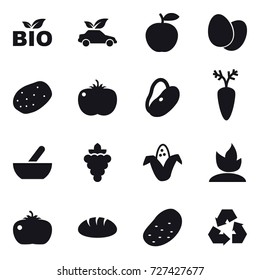 16 vector icon set : bio, eco car, mortar, grape, corn, sprouting, tomato, bread, potato, recycling