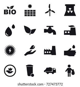 16 vector icon set : bio, sun power, windmill, nuclear power, water tap, hand leaf, factory, hand drop, ecology, trash bin, trash truck, trash