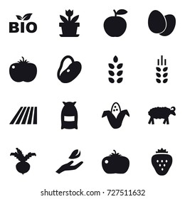 16 vector icon set : bio, flower, spikelets, field, flour, corn, sheep, beet, hand leaf, tomato, strawberry