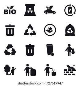 16 vector icon set : bio, nuclear power, eco car, battery charge, bin, ecology, garbage bag, recycling, trash bin, trash, garden cleaning, garbage bin, construct garbage